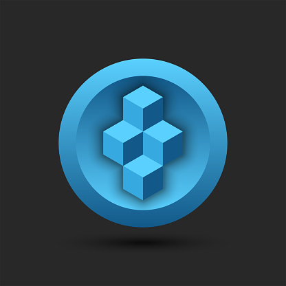 Blockchain logo for cryptocurrency on a round blue background, cubes isometric 3d geometric shape.