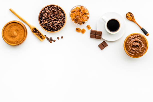 istock Coffee chocolate and cocoa set - beans with powder and hot drink, top view 1322286681