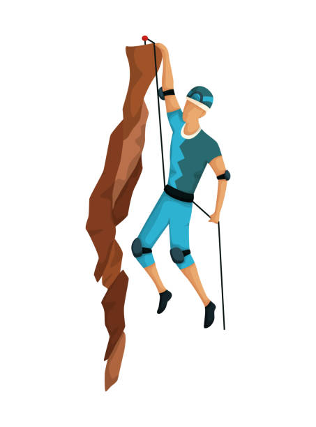 ilustraciones, imágenes clip art, dibujos animados e iconos de stock de montañismo. hombres escalando en una montaña de roca con equipo profesional. deporte de boulder. escena del juego aislada sobre fondo blanco - sports danger