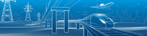 도로 교량 의 윤곽선. 자동차 고가도로. 기차 타기. 비행기 비행. 도시 인프라 및 교통 일러스트레이션. 도시 장면. 벡터 디자인 아트. 파란색 배경의 흰색 선 - construction plan electricity blueprint stock illustrations
