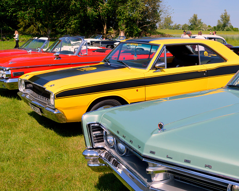 Iconic Classic American Cars. Collectors items at car show. The photo was taken mid day in Jægerspris June 5th, 2021, Denmark after a classic American car cruise.