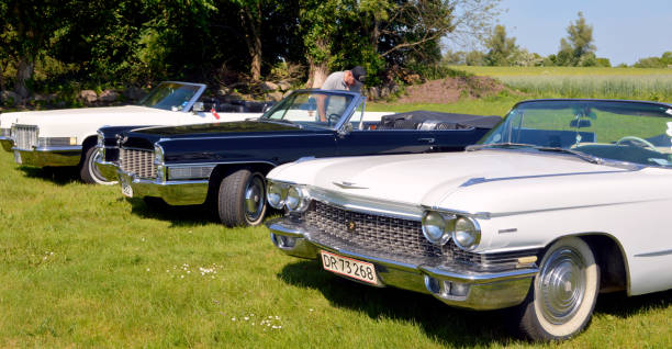 American classic vintage Cadillacs. Iconic Classic American Cars. Collectors items at car show. The photo was taken mid day in Jægerspris June 5th, 2021, Denmark after a classic American car cruise. car classic light tail stock pictures, royalty-free photos & images