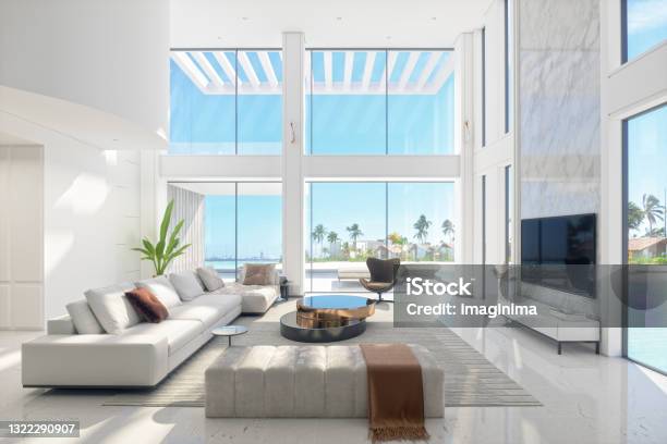 Luxury Modern Living Room Interior With Panoramic Sea View Stock Photo - Download Image Now
