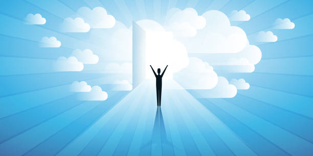 ilustraciones, imágenes clip art, dibujos animados e iconos de stock de nuevas posibilidades, esperanza, sueños, negocios, concepto de búsqueda de soluciones - opportunity door new cloud