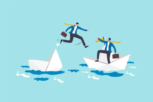 Vector illustration of Trusted business partner to help and support in economic crisis or team and partnership to offer solution concept, brave businessman risk their life to help his partner from sinking boat in the ocean.