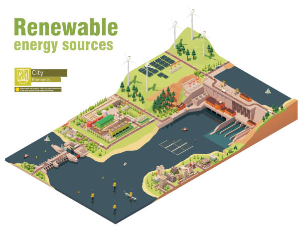 Vector isometric renewable electricity generation Vector isometric renewable electricity generation. Wind farm, hydroelectric and tidal power stations, geothermal and solar or photovoltaic power plants offshore substation stock illustrations