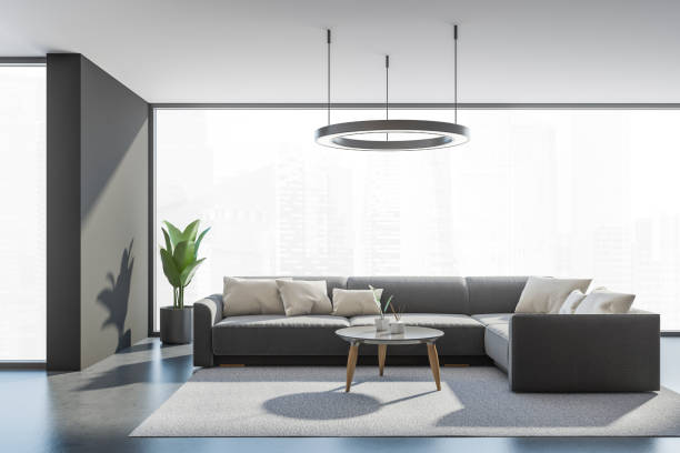 istock Grey bedroom interior with sofa on carpet near window, mockup 1322294413