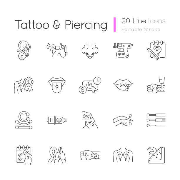 татуировка и пирсинг линейные иконки набор - earring customer retail shopping stock illustrations