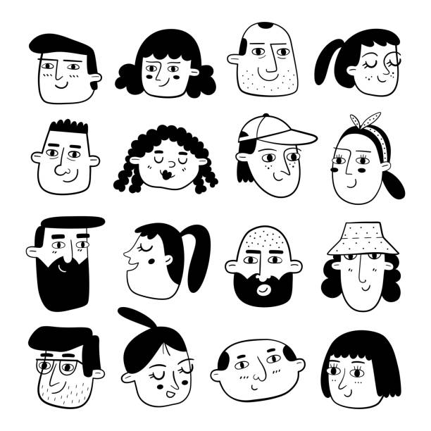stockillustraties, clipart, cartoons en iconen met hand getrokken reeks mensengezichten in zwart-wit. portretten van diverse mannen en vrouwen.export.dat - karikatuur