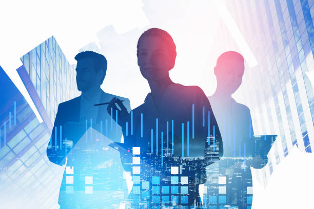 istock Three young business people silhouettes in city with graphs 1322295823