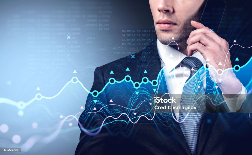 Man With Phone Talking Graph Changes Lines And Bars With Numbers Stock ...