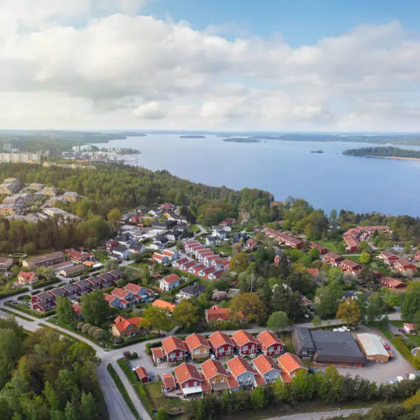 Aerial view of a residential area by lake Mälaren in Järfälla municipality outside Stockholm, Sweden.