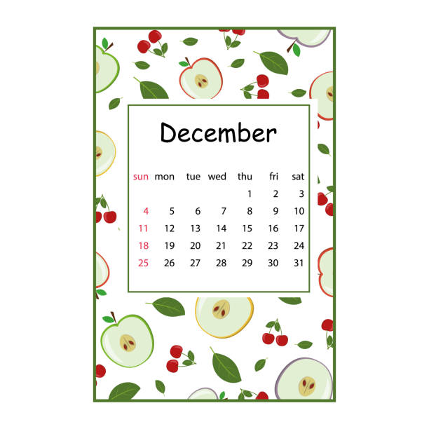 istock Fruit calendar for 2022 with fruit pattern for the month of December, color vector summer illustration 1322300198