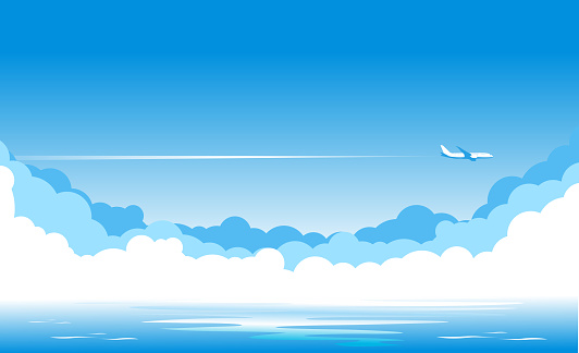 Blue sky with clouds and an airplane flying over the blue sea. Airliner over the ocean. Illustration, vector