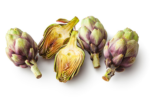 Artichokes set, fresh violet vegetable plants cutout close-up, raw food organic diet concept, clipping path