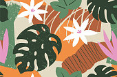 Collage contemporary floral seamless pattern. Modern exotic jungle fruits and plants illustration in vector. Stock illustration