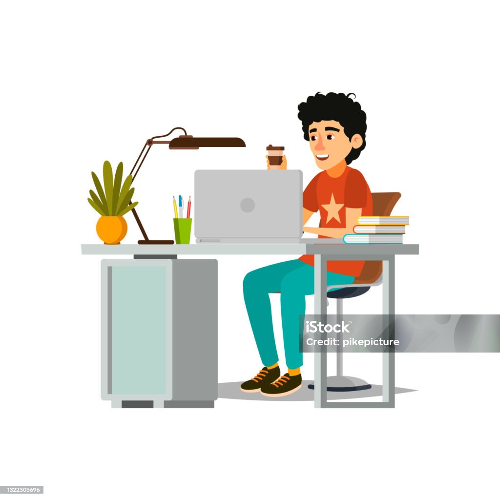 Man Developer Working With Notebook At Table Cartoon Vector Stock ...