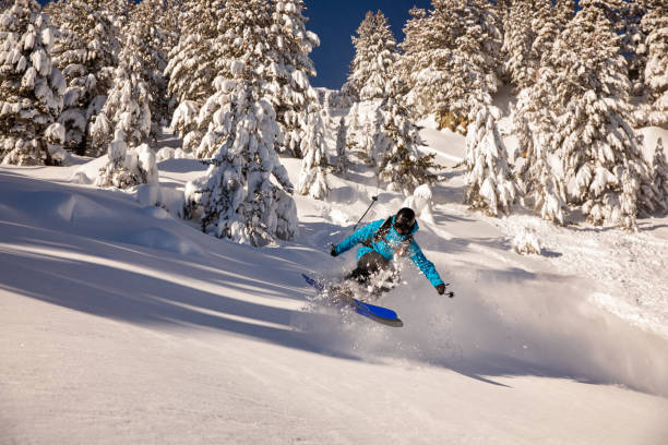 esquiador de freeride saltando de la nieve en polvo profundo en un hermoso día de invierno - freeride fotografías e imágenes de stock