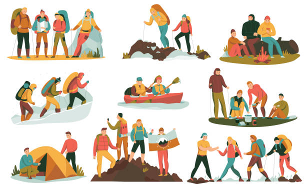 ÐÑÐ½Ð¾Ð²Ð½ÑÐµ RGB Mountain climbing trekking hiking flat compositions set with overnight halt camping tent bonfire cooking boating vector illustration hiking stock illustrations