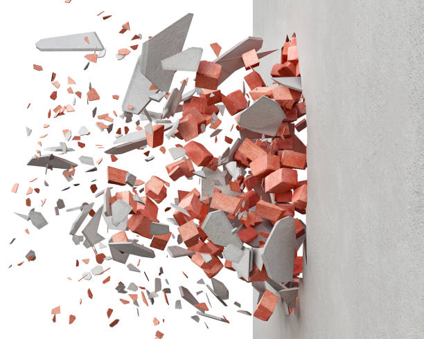 istock Destroying the wall with red bricks and white plaster, blowing pieces, on white background, 3d illustration 1322308058