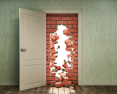 Destroyed brickwall wth a hole in the doorway, 3d illustration