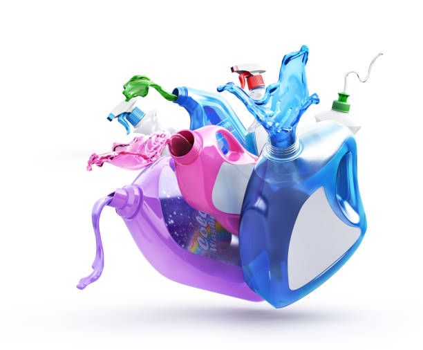 Different bottles with pouring detergent on a white background. 3d illustration