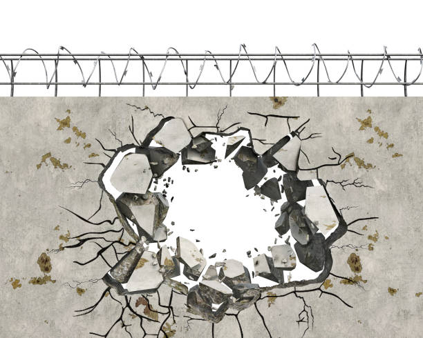 A hole with blowing pieces in wall with barbed wire, escape concept, 3d illustration A hole with blowing pieces in wall with barbed wire, escape concept, 3d illustration prison escape stock pictures, royalty-free photos & images