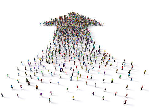 People crowd in form of arrow on a white background. 3d illustration