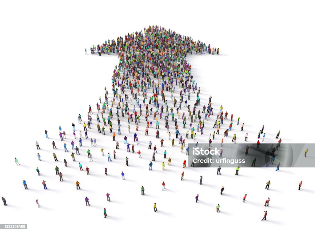 People crowd in form of arrow on a white background. 3d illustration Leadership Stock Photo