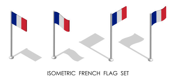 isometrische flagge von frankreich in statischer position und in bewegung auf fahnenmast. 3d-vektor - insignia campaign button france french culture stock-grafiken, -clipart, -cartoons und -symbole