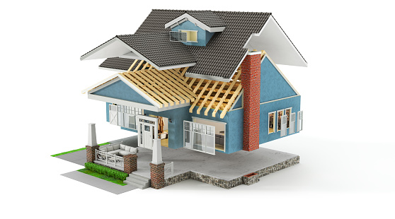 Sliced  house with different facade materials on a white background. 3d illustration