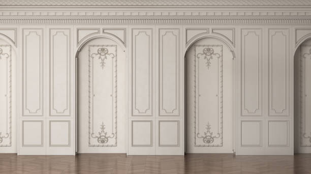 istock 3D render of a classic interior wall decorated in warm color with parquet and arched openings. 3d illustration 1322311049
