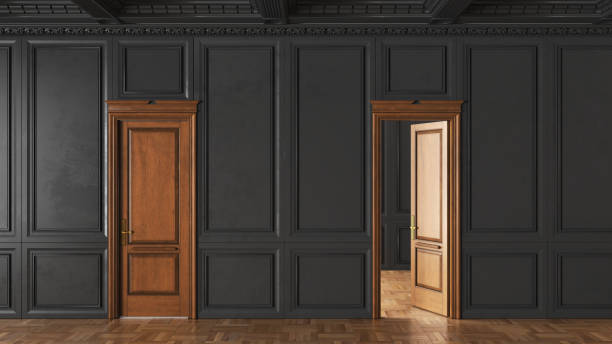 istock 3D render of a classic interior decorated in black color and parquet with doors. 3d illustration 1322311160