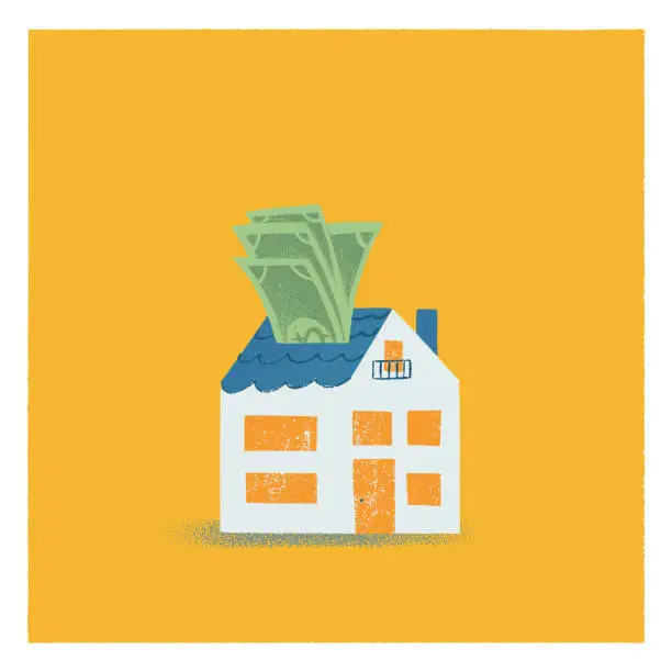 Vector illustration of Colored building for sale or rent with a stack of money.