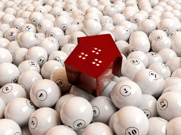 win house concept, lottery balls and toy house, property concept, 3d illustration