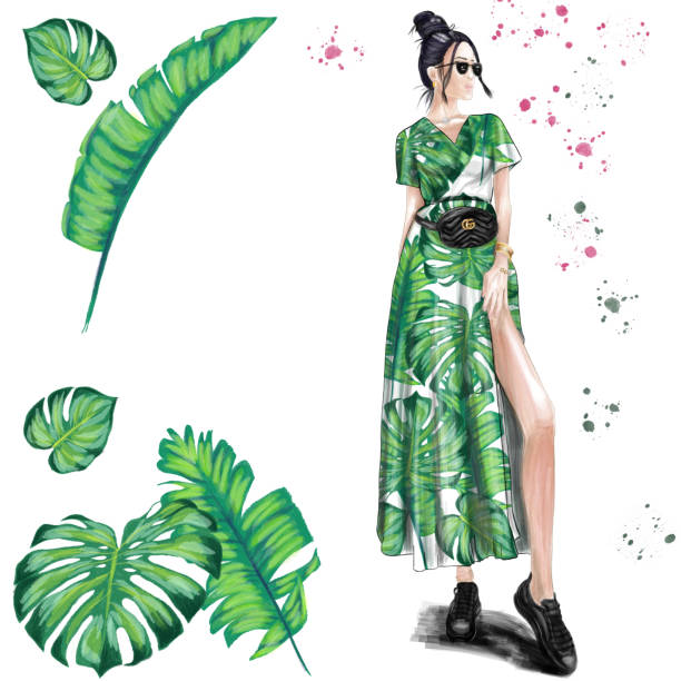 Boho dress tropical style Watercolor vector hand drawn style fashion illustration of a beautiful girl in a boho style dress with tropical palm leaves print and crossbody Gucci bag paris fashion stock illustrations