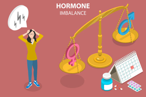 3d isometric vector konseptual ilustrasi ketidakseimbangan hormon wanita - hormon ilustrasi stok