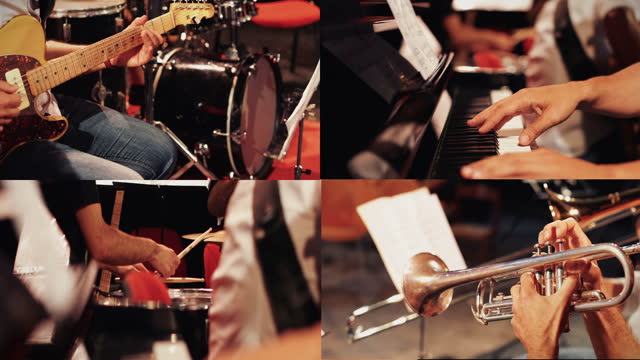 Playing live jazz concert: players combo with piano guitar and trumpet