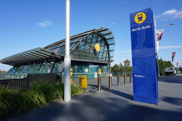 view of north ryde railway station with blue sky - ryde imagens e fotografias de stock