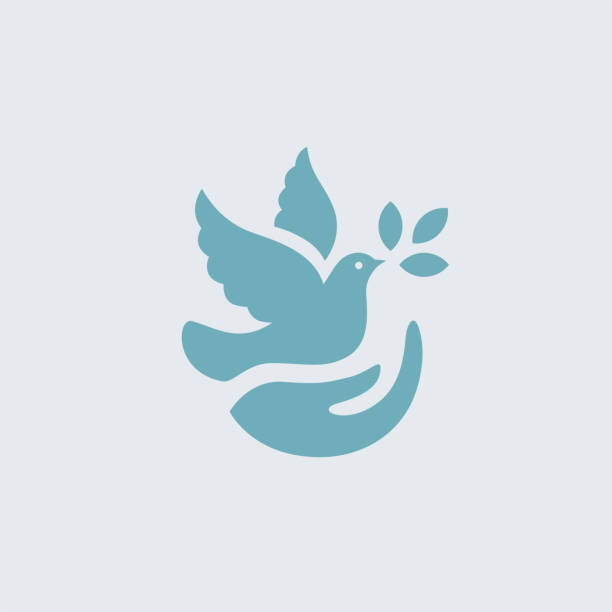 Dove hand icon Dove icon with hand and olive leaf symbol. Care and peace concept sign. Christian bird in flight vector illustration. symbols of peace stock illustrations