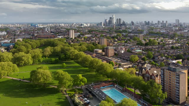 London Fields, Hackney in East London from a high angle viewpoint with the only heated outdoor Lido in the capital