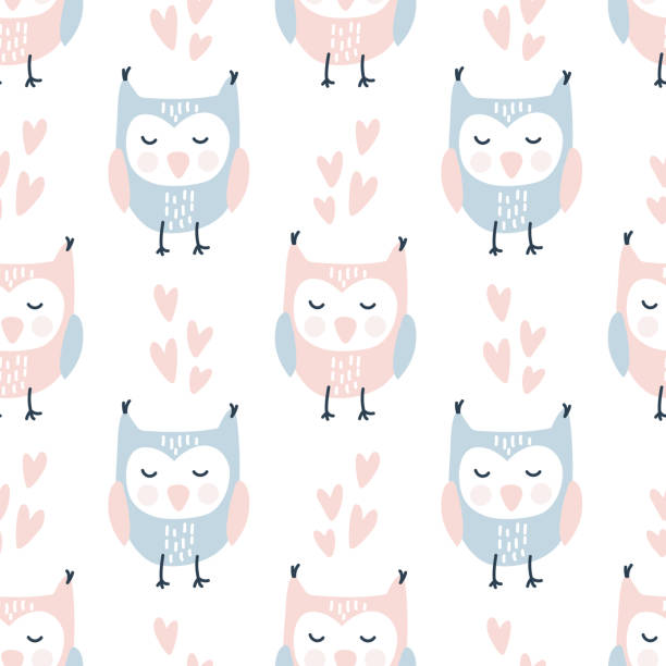Scandinavian Valentine love seamless pattern with cute owls and hearts, endless romantic texture. cute colourfull retro owl pattern background in vector Scandinavian Valentine love seamless pattern with cute owls and hearts, endless romantic texture. cute colourfull retro owl pattern background in vector. pink owl stock illustrations