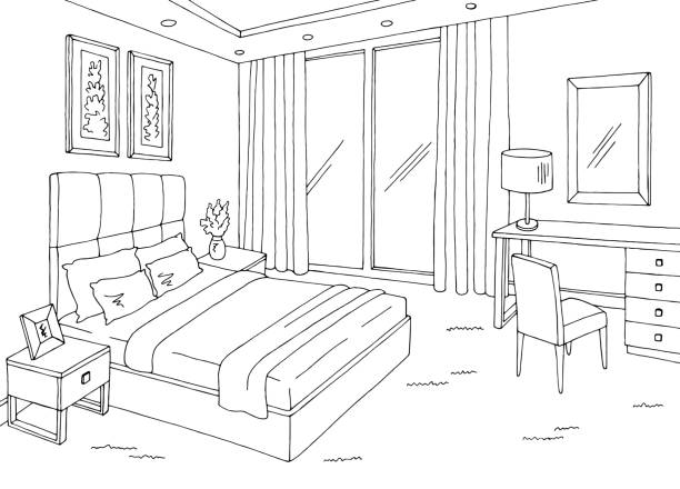 sypialnia grafika czarny biały wnętrze szkic ilustracji wektor - table chair white curve stock illustrations