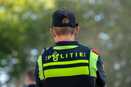 Backside Police Man Guarding The Demonstrators The Rebellion Extinction Demonstration At Amsterdam South The Netherlands 21-9-2020