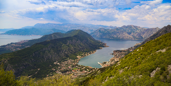 Kotor bay - Boka Kotorska in Montenegro. High angle view of Kotor, Dobrota, Prcanj and Tivat.