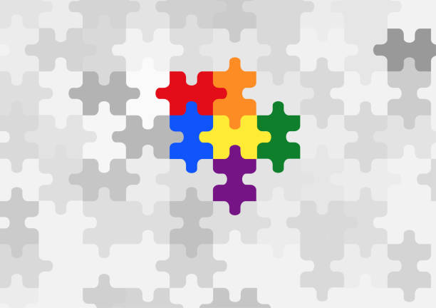 illustrazioni stock, clip art, cartoni animati e icone di tendenza di modello di sfondo del puzzle arcobaleno - design month part of puzzle