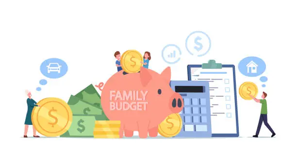 Vector illustration of Family Collect Money for Budget Savings, Income Concept. Happy Mother, Father and Little Children Characters with Coins