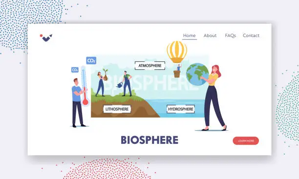 Vector illustration of Tiny Characters Presenting Earth Biosphere Infographics. Landing Page Template. Atmosphere, Lithosphere and Hydrospehre