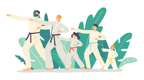 Family Training Martial Arts. Father, Mother and Children Wearing Kimono with Colorful Belts Stand in Fighting Posture Family Characters Training Martial Arts. Father, Mother and Children Wearing Kimono with Colorful Belts Stand in Fighting Posture with Hitting Arms. Sports Activity. Cartoon People Vector Illustration martial arts stock illustrations