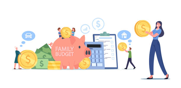 koncepcja oszczędności budżetu rodzinnego. małe męskie i żeńskie postacie zbierają monety do skarbonki. ludzie zarabiają i oszczędzają pieniądze - generic currency stock illustrations
